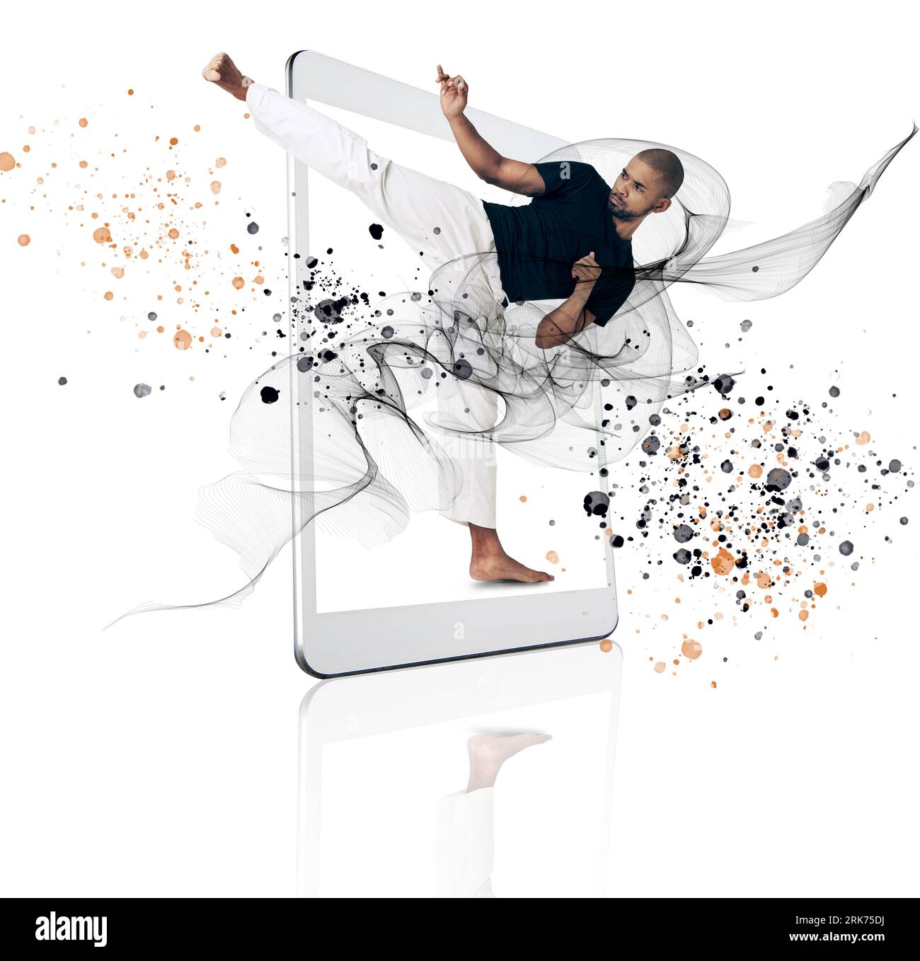 Tablet, karate and fitness app with a man on a screen in studio isolated on a white background