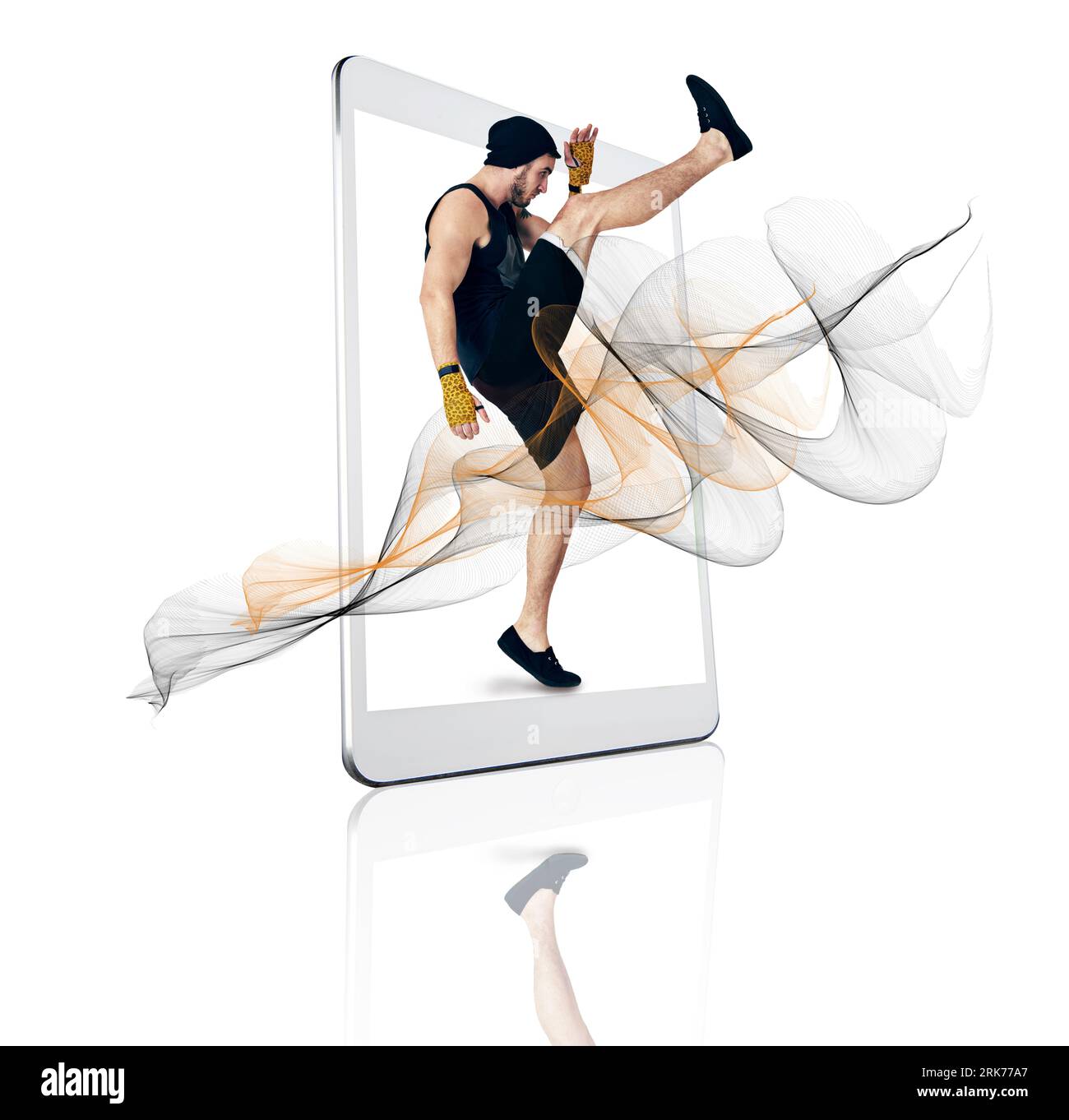Karate, tablet and man in kick boxing exercise on app or screen
