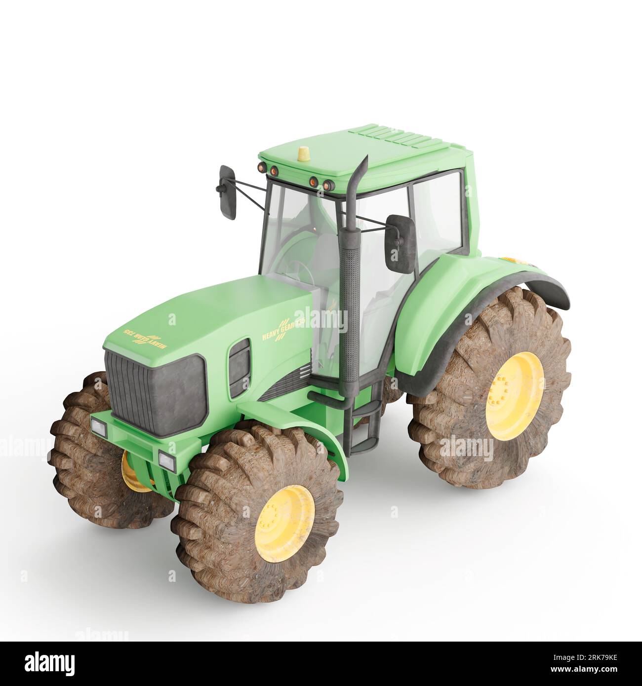 A 3D render of a green tractor standing on a white background Stock Photo