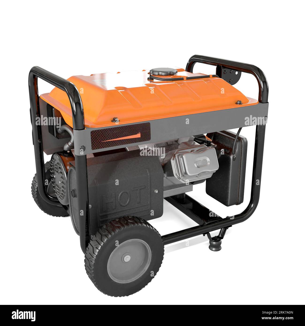 A 3D render of a close-up of an orange electric generator on wheels Stock Photo