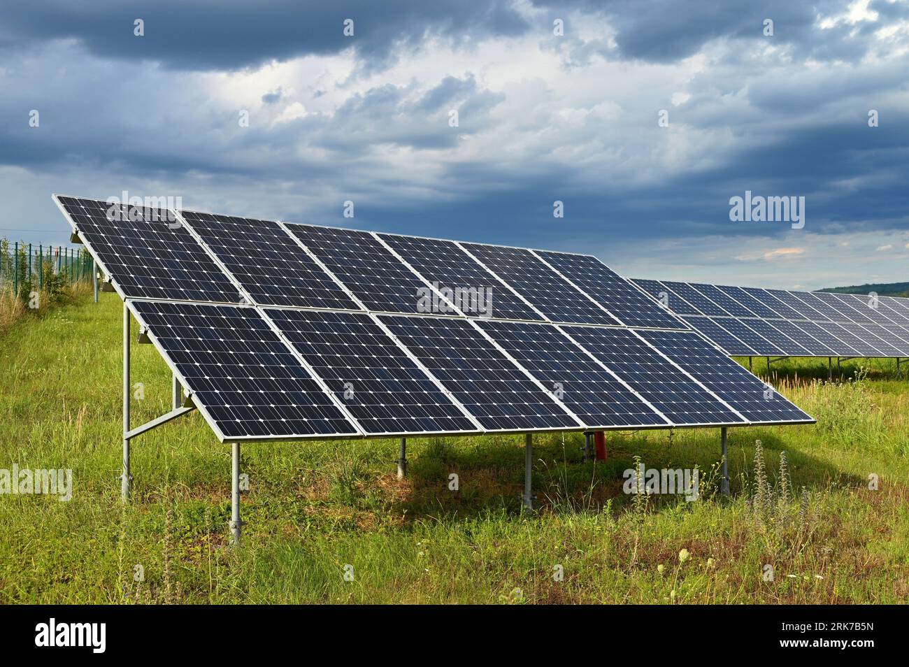 Technology solar cell. Solar panels on the sky background. Power plant. Alternative source of electricity. Solar farm. Stock Photo