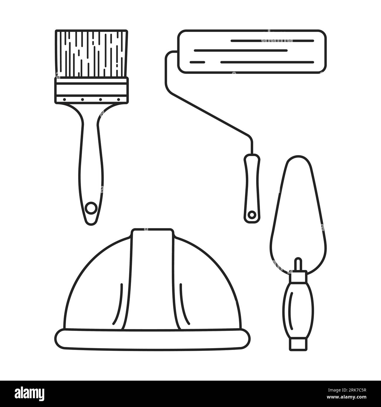 Simple vector line icons. Construction. Structural tools. Protective helmet. Stock Vector