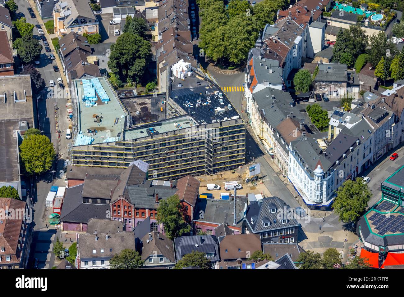 Aerial view, construction site New City Hall, between Neumarkt and Schulstraße, Schwelm, Ruhr area, North Rhine-Westphalia, Germany, Construction work Stock Photo