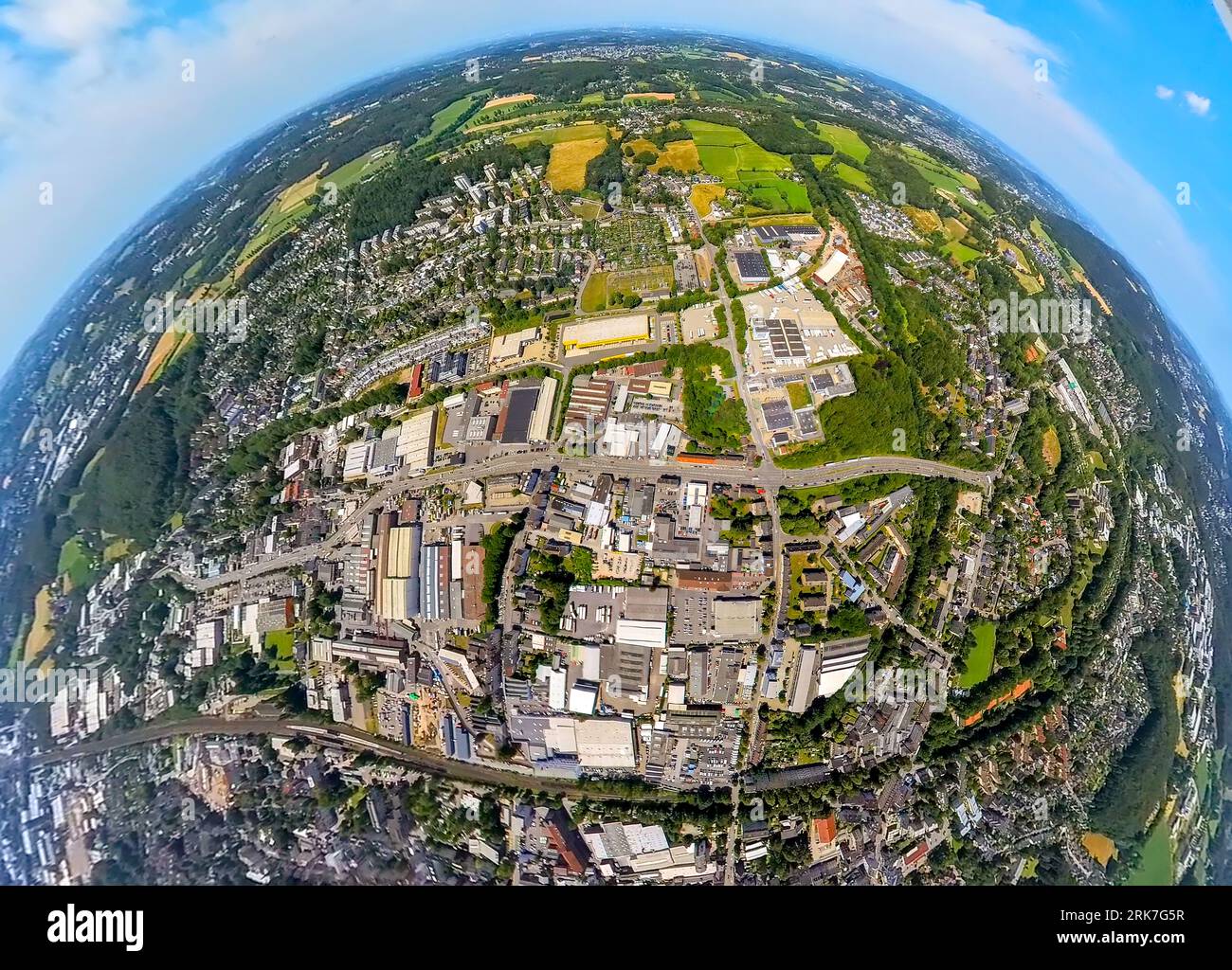 Aerial view, Berliner Straße with industrial area, globe, fisheye shot, 360 degree shot, tiny world, Loh, Schwelm, Ruhrgebiet, North Rhine-Westphalia, Stock Photo