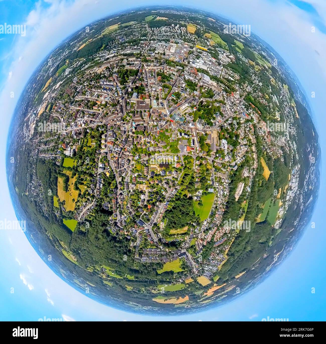 Aerial view, city center, Kreishaus, evang. Christuskirche and Wilhelmspark, globe, fisheye shot, 360 degree shot, tiny world, , Schwelm, Ruhrgebiet, Stock Photo