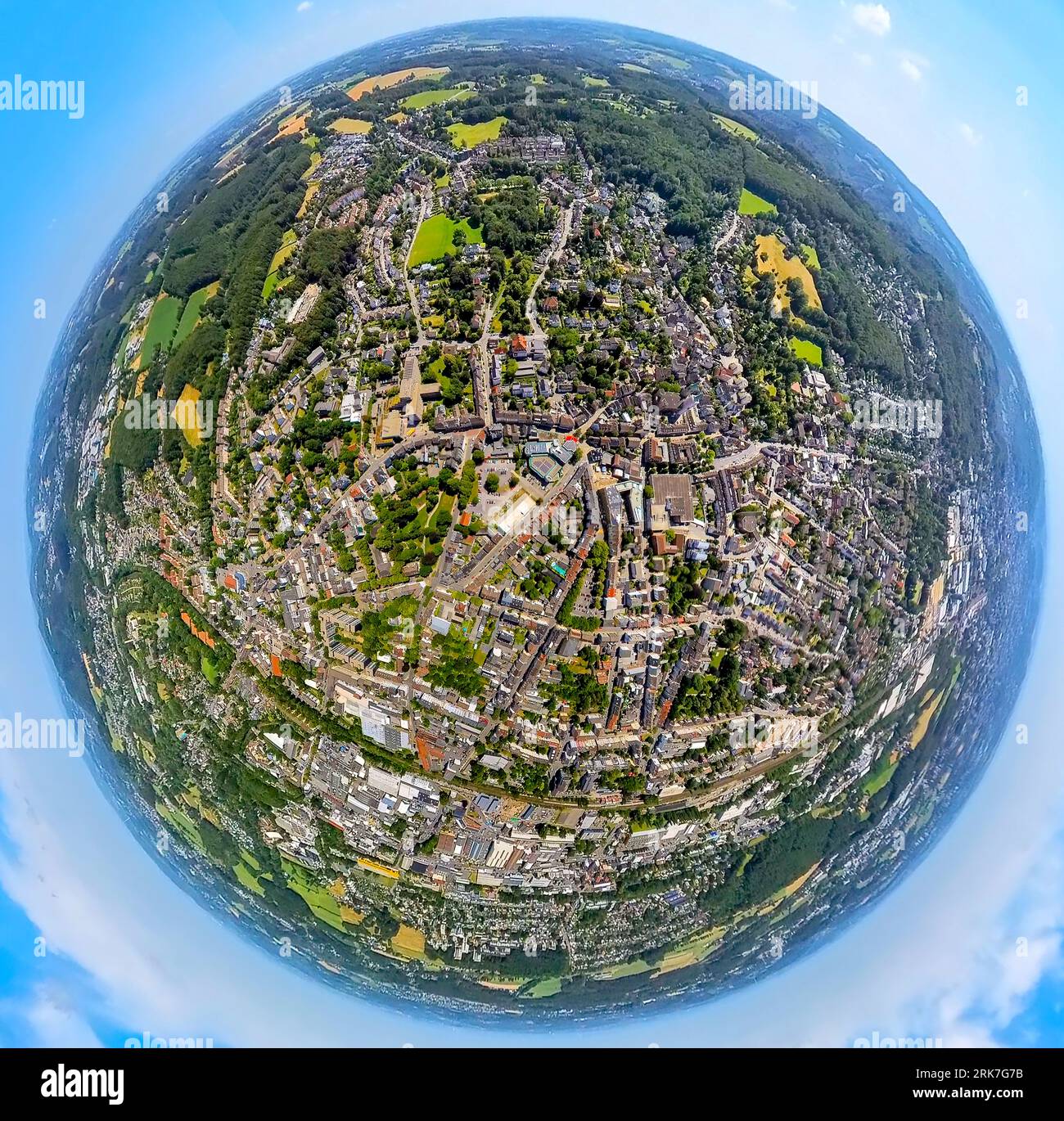 Aerial view, city center, Kreishaus, evang. Christuskirche and Wilhelmspark, globe, fisheye shot, 360 degree shot, tiny world, , Schwelm, Ruhrgebiet, Stock Photo
