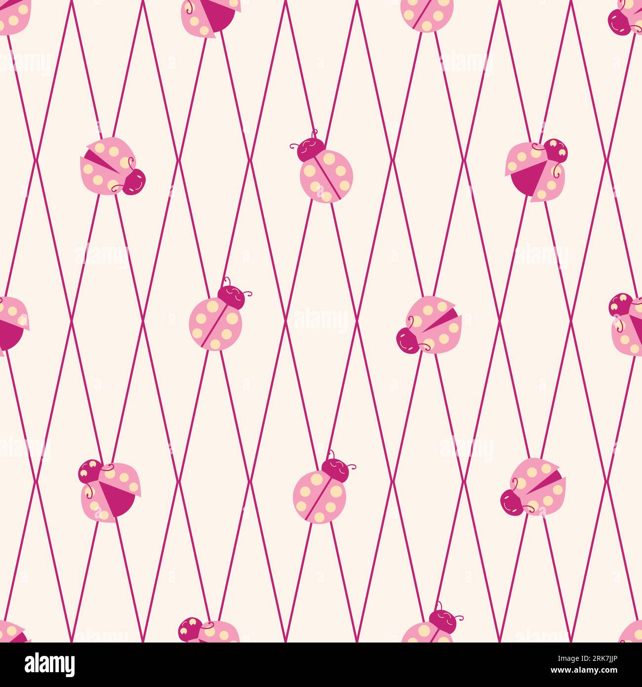 Cute pink ladybugs seamless vector pattern background. Kawaii cartoon ...
