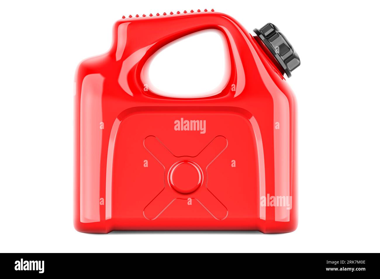 Red plastic jerrycan, jerry can. Side view, 3D rendering isolated on