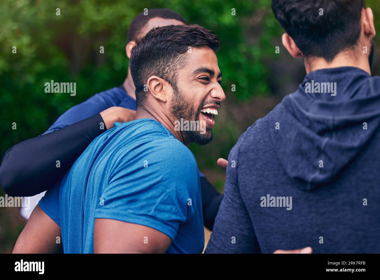 Happy, men and friends laughing for fitness, workout and running