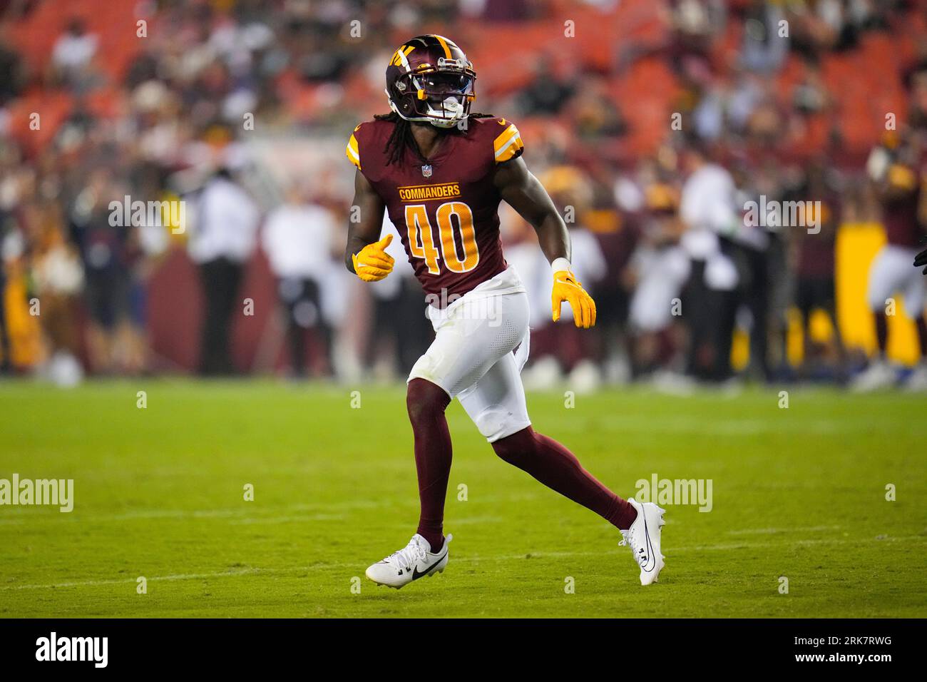 Washington Commanders safety Kendall Smith (40) runs during an NFL  preseason football game against the Cincinnati Bengals, Saturday, August  26, 2023 in Landover. (AP Photo/Daniel Kucin Jr Stock Photo - Alamy