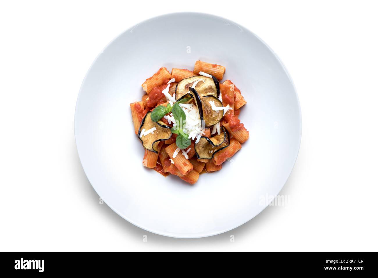 Italian Pasta Dish "Norma" Eggplant, Tomatoes, basil and ricotta