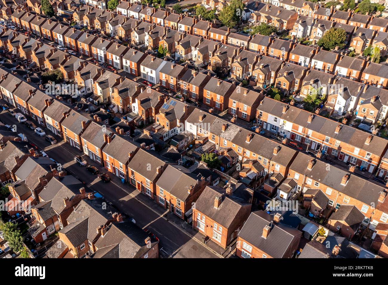 An aerial view above the rooftops of run down back to back terraced