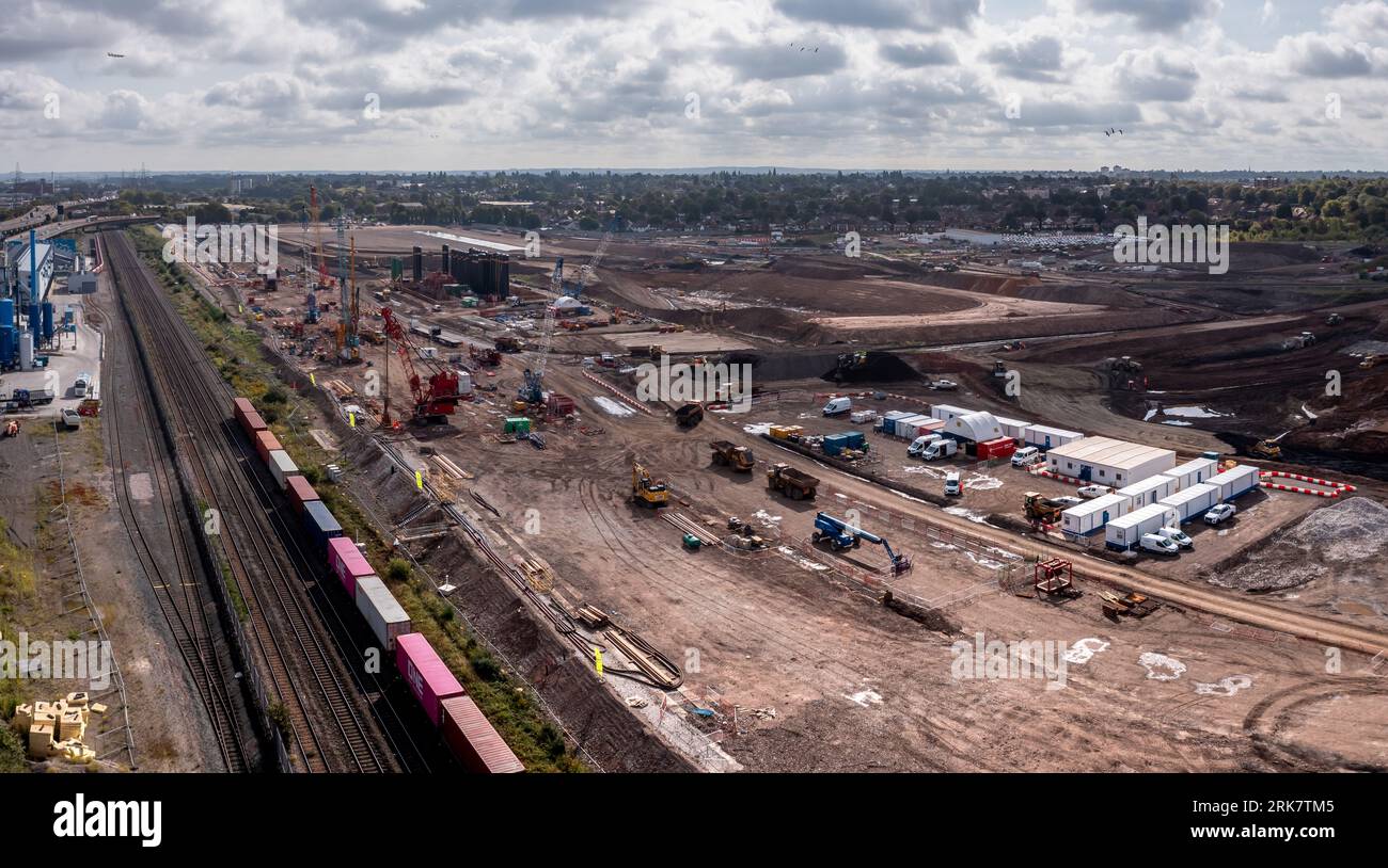 BIRMINGHAM, UK - AUGUST 21, 2023.  An aerial panoramic view of the new HS2 route and construction site running alongside current railway tracks near W Stock Photo