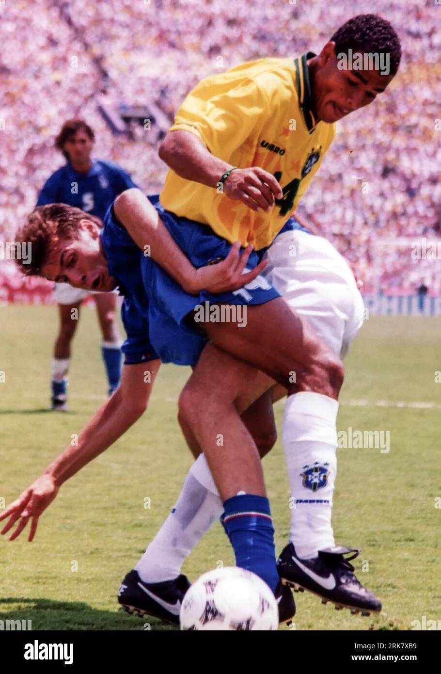 Cafu of Brazil tangles with Dino Baggio of Italy in the 1994 World Cup final. Stock Photo