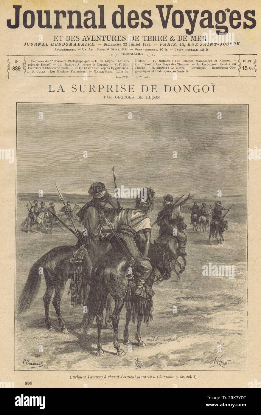 tuaregs on horses, Jounral des Voyages,1894, engraver Godefroy Frédéric Vintraut, illustrator Paule Crampel Stock Photo