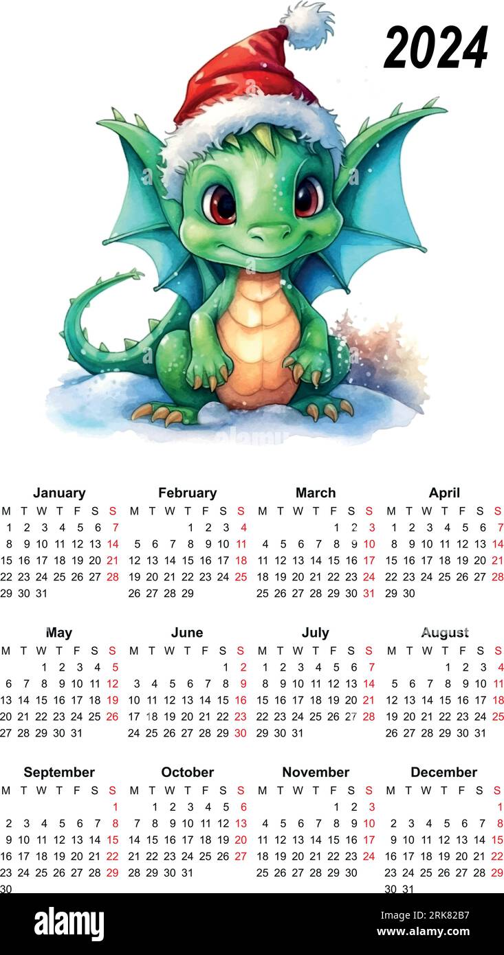 Calendar 2024 dragon watercolor chinese template Stock Vector Image