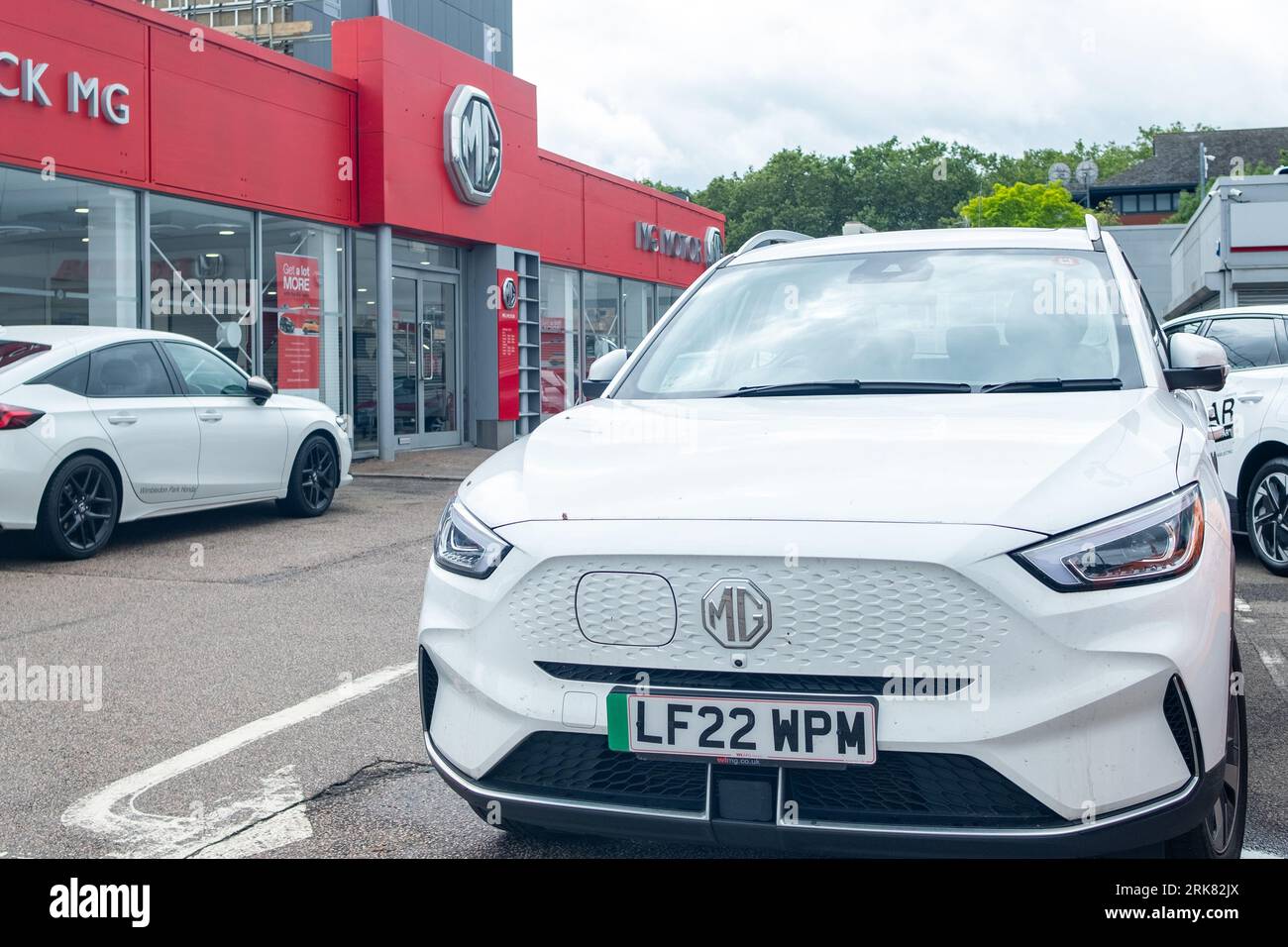 LONDON- JULY 31, 2023: MG car parked on showroom forecourt in west London- British car manufacturer Stock Photo