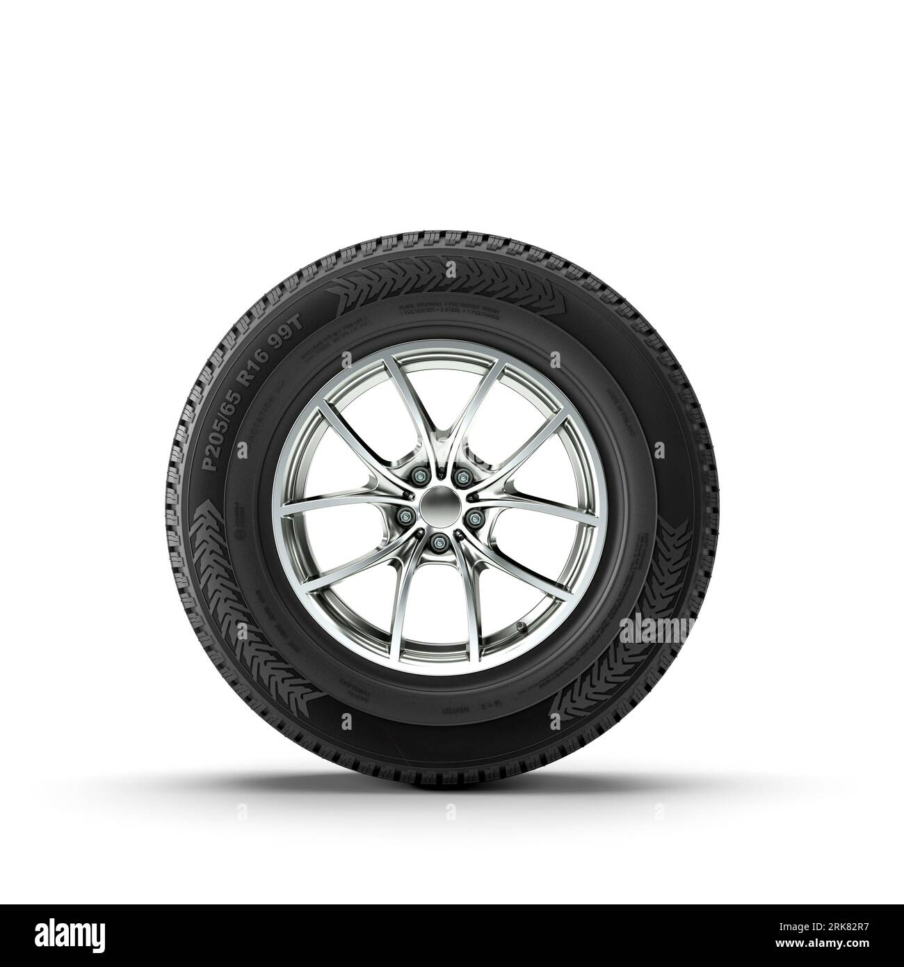single winter tyre with chrome rim isolated on white. 3d render Stock
