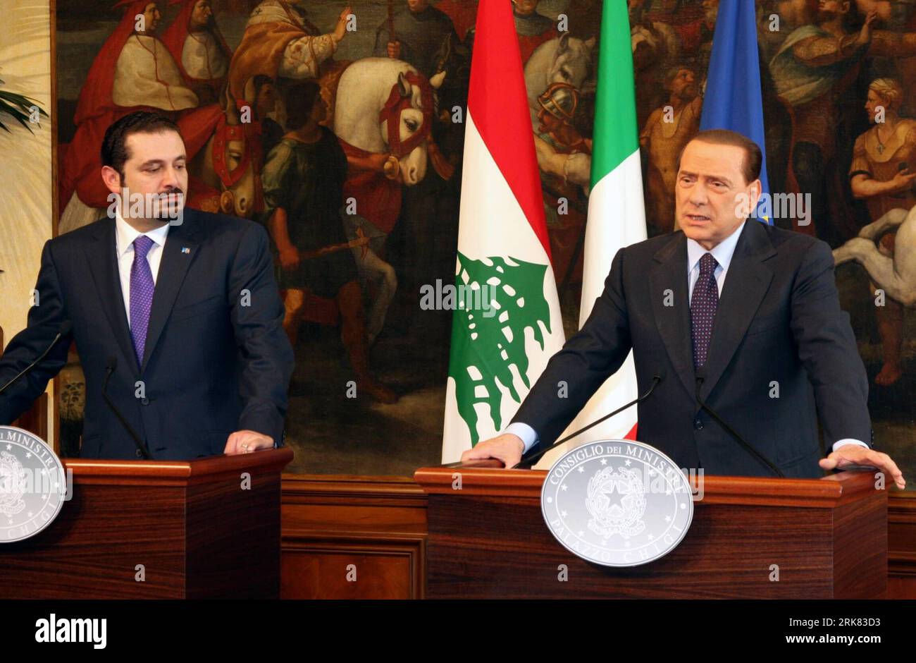 Bildnummer: 53961271  Datum: 20.04.2010  Copyright: imago/Xinhua (100421) -- ROME, April 21, 2010 (Xinhua) -- Italian Prime Minister Silvio Berlusconi (R) holds a joint press conference with Lebanon s Premier Saad Hariri in Rome, April 20, 2010. Berlusconi on Tuesday promised to help increase the European Union s role in Lebanon and in the peace negotiations between Israel and Palestine. (Xinhua/Wang Xingqiao)(zx) (1)ITALY-LEBANON-PRESS CONFERENCE PUBLICATIONxNOTxINxCHN People Politik premiumd xint kbdig xsk 2010 quer     Bildnummer 53961271 Date 20 04 2010 Copyright Imago XINHUA  Rome April 2 Stock Photo