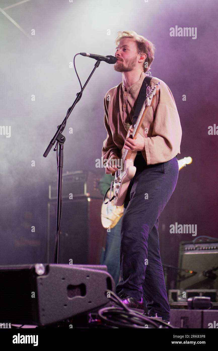 The singer and guitarist Geordie Greep of Black Midi performing at