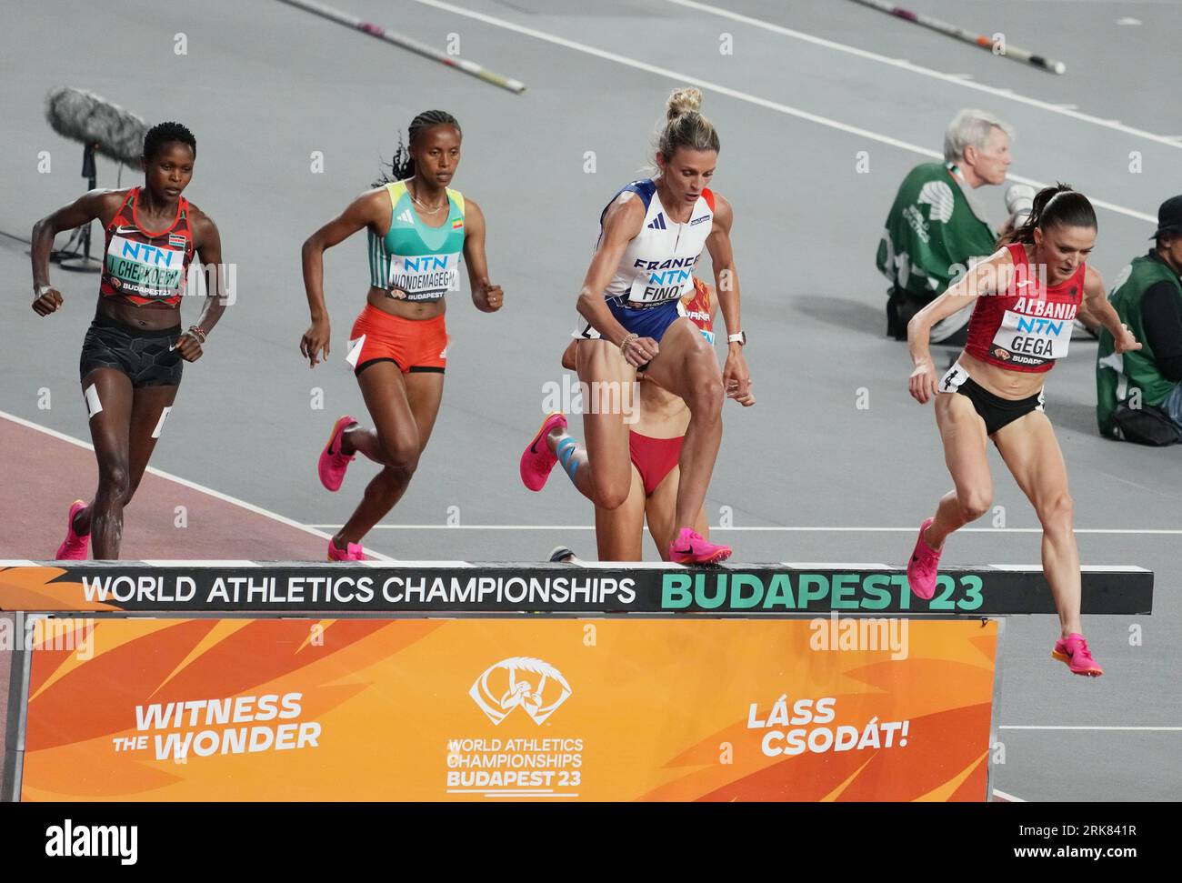 Budapest, Hongrie. 23rd Aug, 2023. Jackline Chepkoech (KEN), Zerfe Wondemagegn (ETH), Alice Finot (FRA), Luiza Gega (ALB), Heat 3, Women's 3000 M Steeplechase during the World Athletics Championships 2023 on August 23, 2023 at Nemzeti Atletikai Kozpont in Budapest, Hungary - Photo Laurent Lairys/DPPI Credit: DPPI Media/Alamy Live News Stock Photo