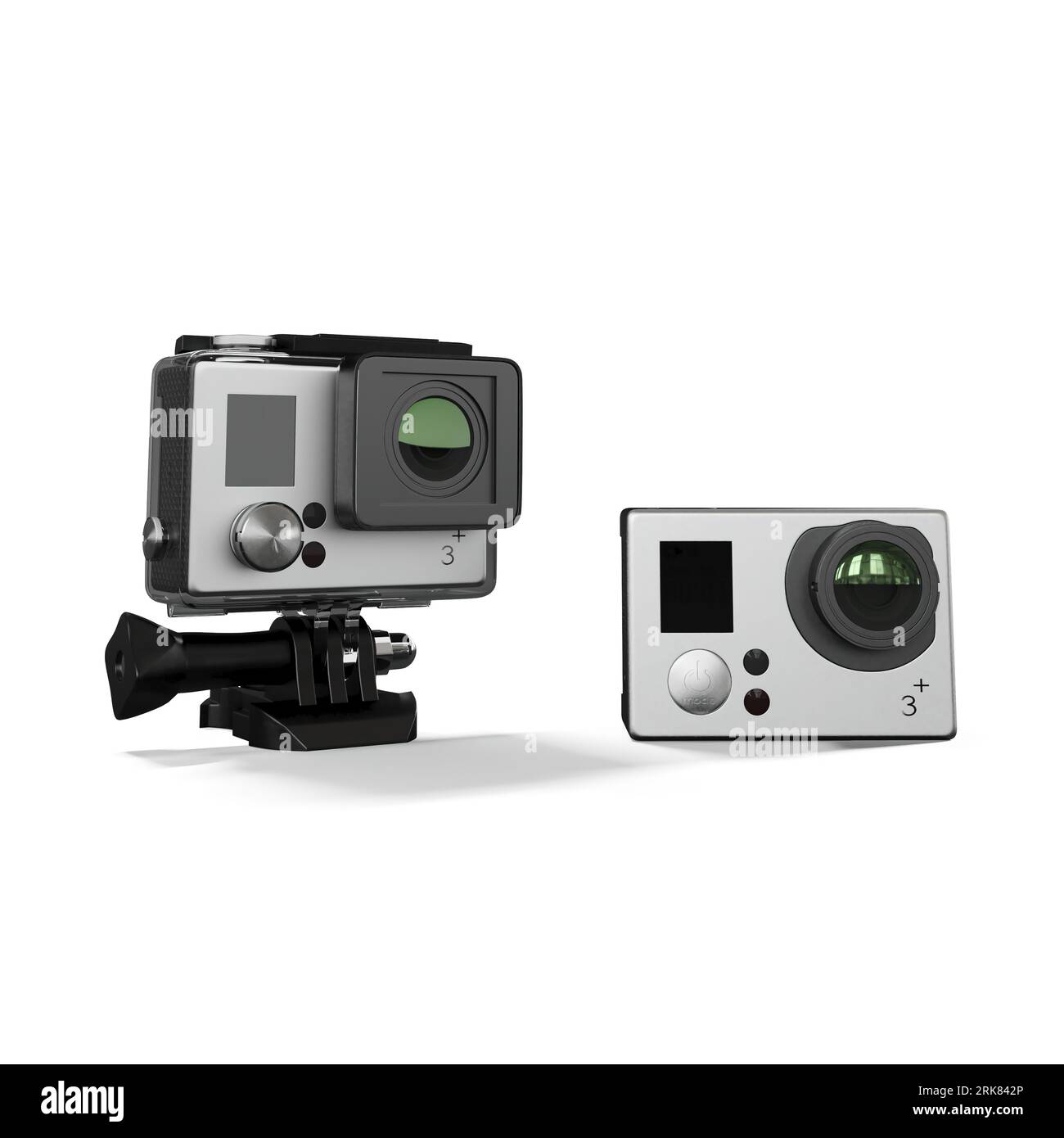 A 3D render of small gray action cameras on a white background Stock ...