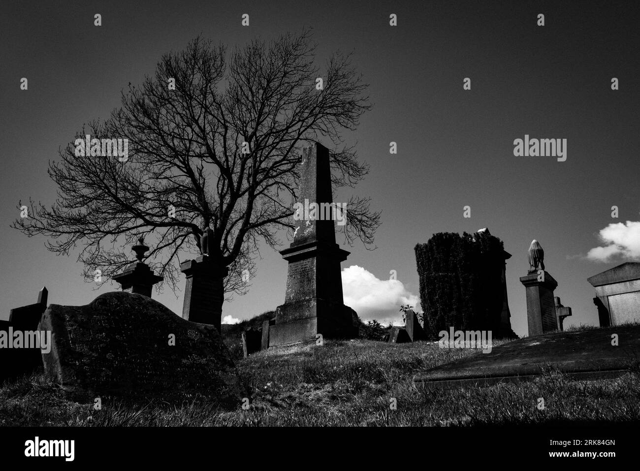 An autumnal scene featuring a cemetery, blanketed by seasonal foliage Stock Photo