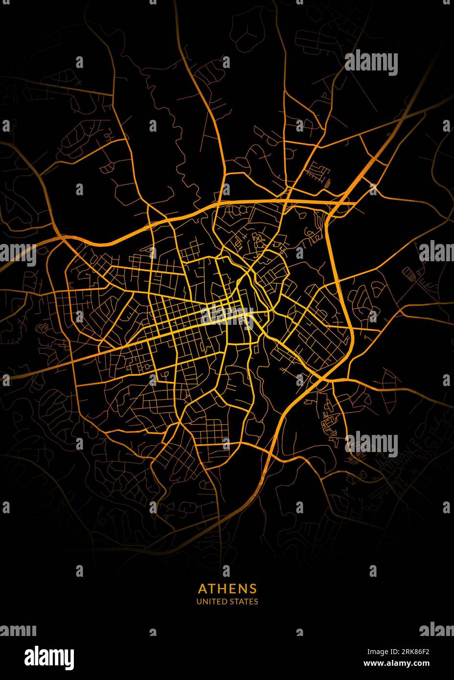 A vector illustration of Athens, USA, featuring a map of the city with orange roads on a black background Stock Photo