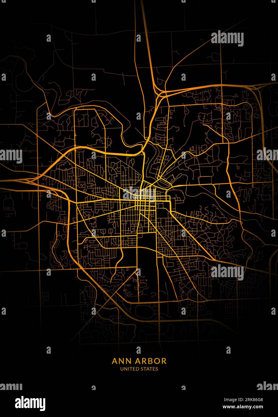 A vector illustration of Ann Arbor, USA, featuring a map of the city with orange roads on a