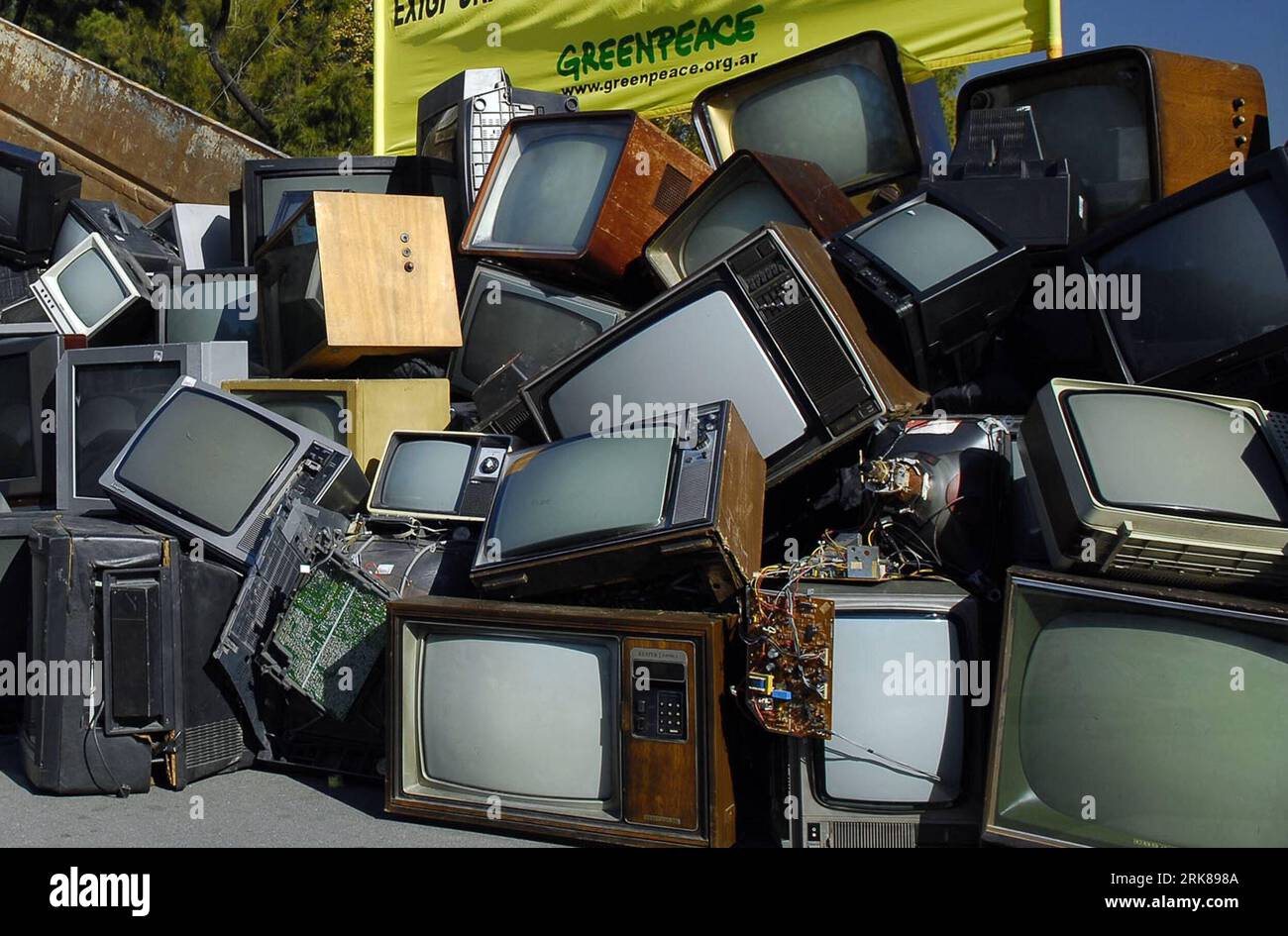 100430 -- BUENOS AIRES, April 30, 2010 Xinhua -- Unused television sets are placed in a pile during a demonstration held by Greenpeace in Buenos Aires, Argentina, April 29, 2010. Greenpeace activists held a demonstration appealing for the government to make laws for electrical and electronic wastes recycling in Buenos Aires. Xinhua/Martin Katzaxy 2ARGENTINA-BUENOS AIRES-GREENPEACE-DEMONSTRATION PUBLICATIONxNOTxINxCHN Stock Photo