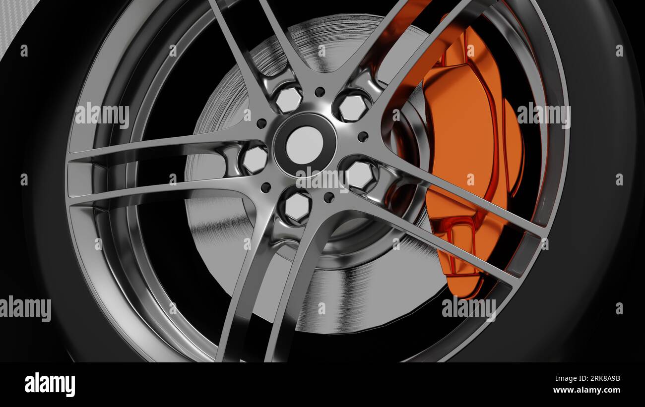 Steel car disc on wheel, disc brakes. Cast disc of car. 3d render Stock ...