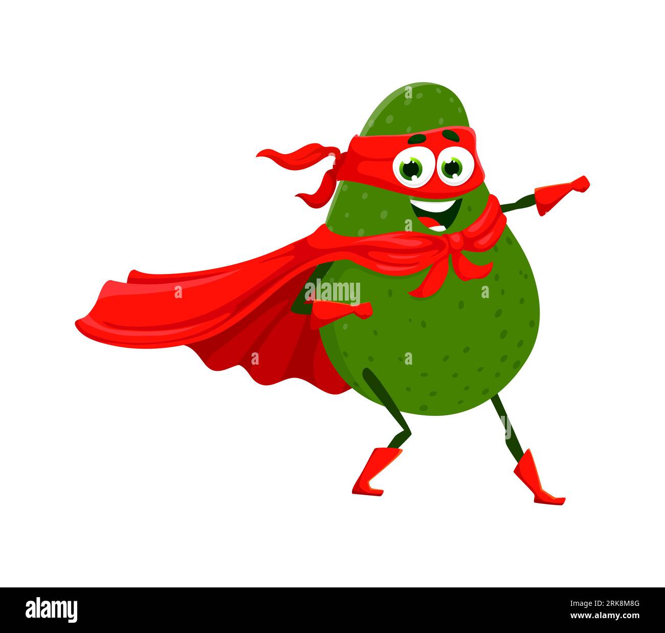 Cartoon avocado superhero character in super hero costume, vector funny