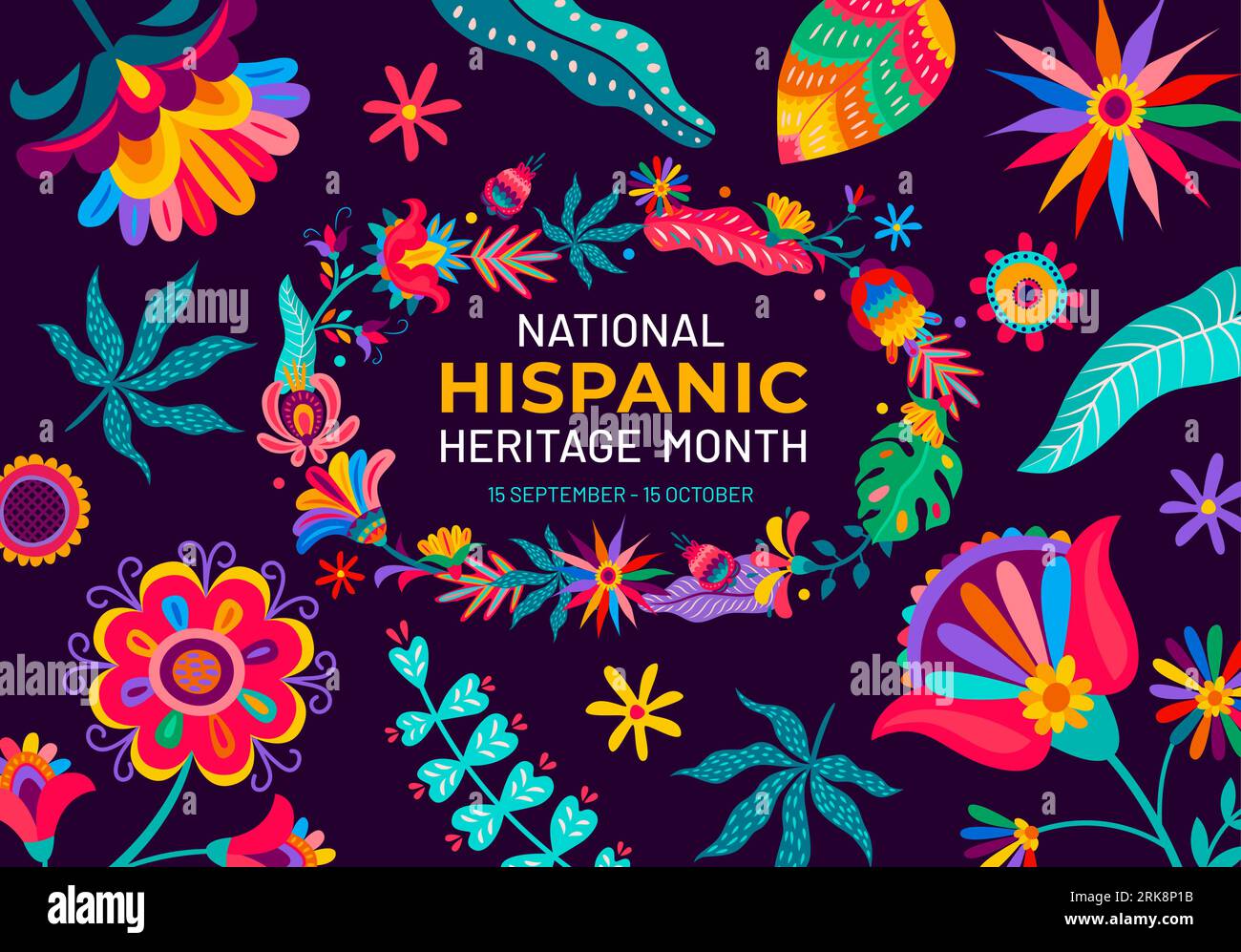 National Hispanic heritage month flyer with tropical flowers and plants