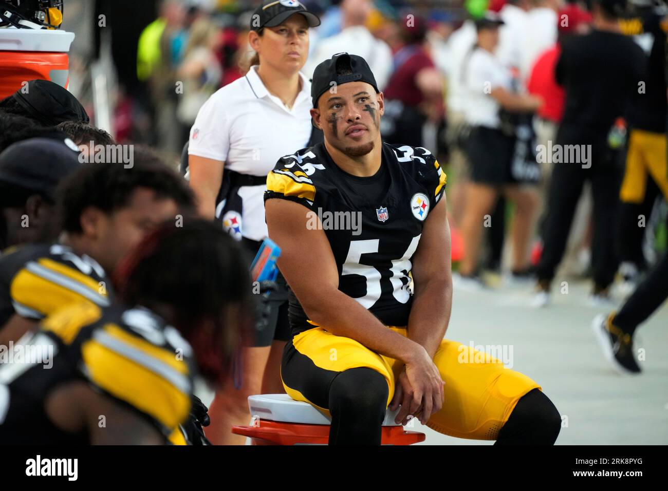 Pittsburgh Steelers linebacker Alex Highsmith (56) sits on the sidelines  during an NFL preseason football game against the Buffalo Bills in  Pittsburgh, Sunday, Aug. 20, 2023. (AP Photo/Gene J. Puskar Stock Photo -  Alamy