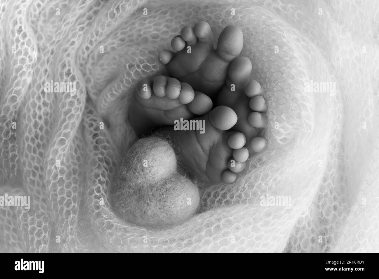 Legs, toes, feet and heels of newborn twins. Wrapped in a knitted