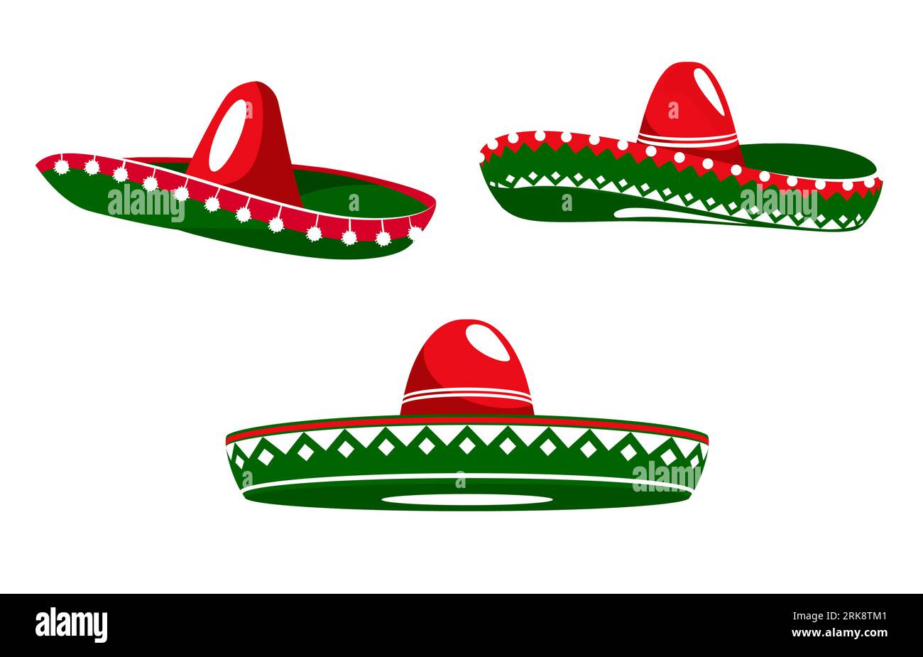 Mexican sombrero hats with Mexico flag colors ornament, vector icons