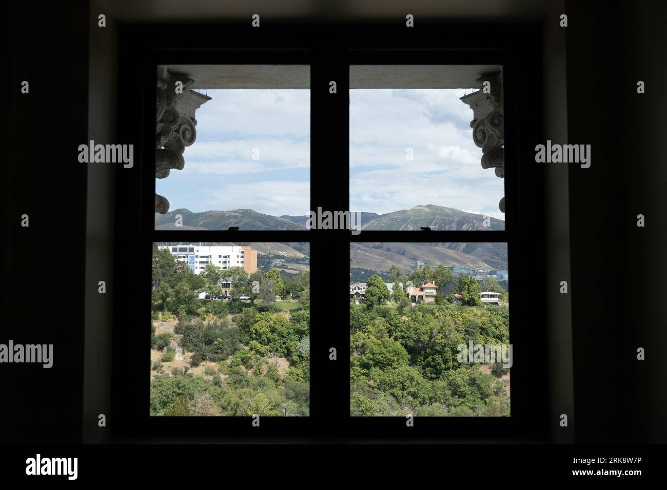 View outside a window at the Utah State Capitol building, in Salt Lake City, on a summer day. Stock Photo