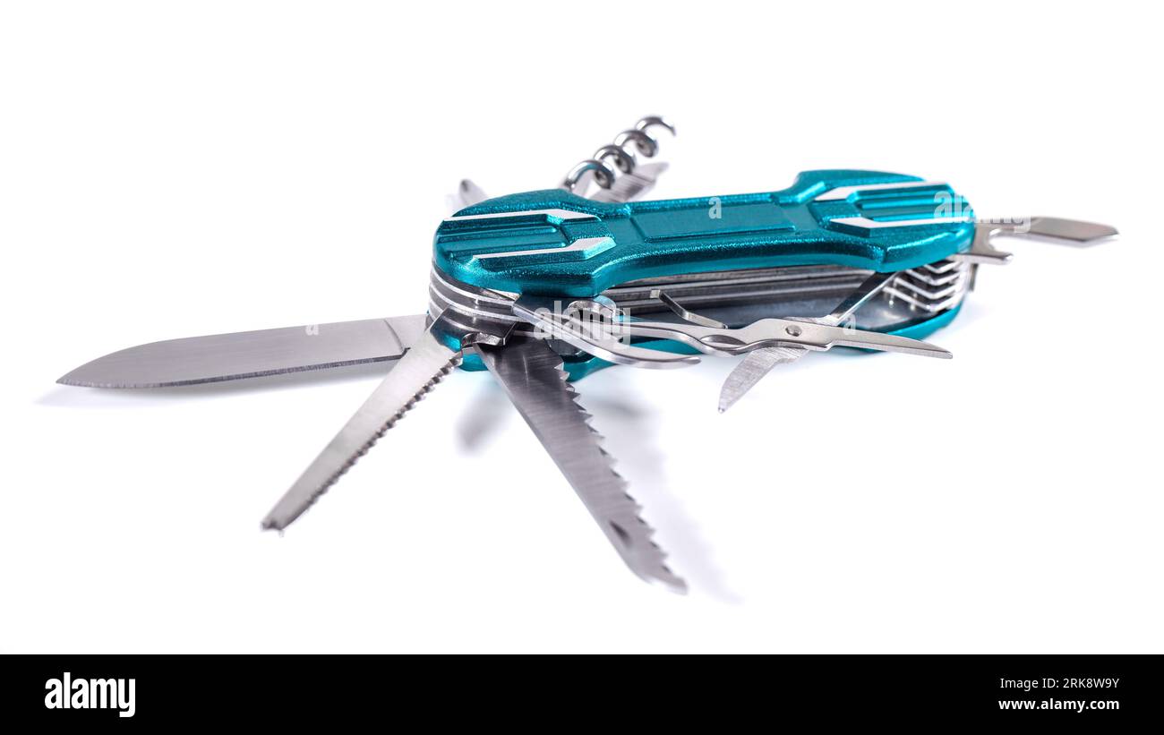 A multifunction folding knives isolated on white background Stock Photo