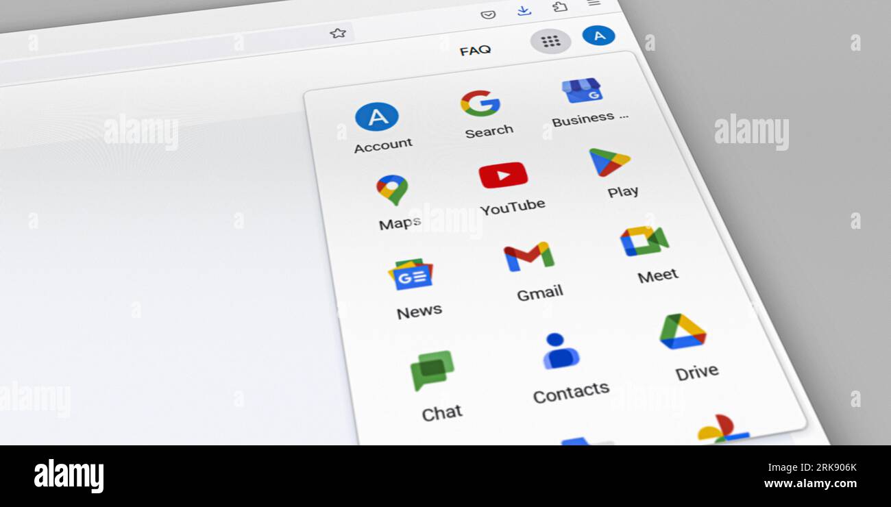 Browser screenshot with the google apps. Tilted perspective Stock Photo