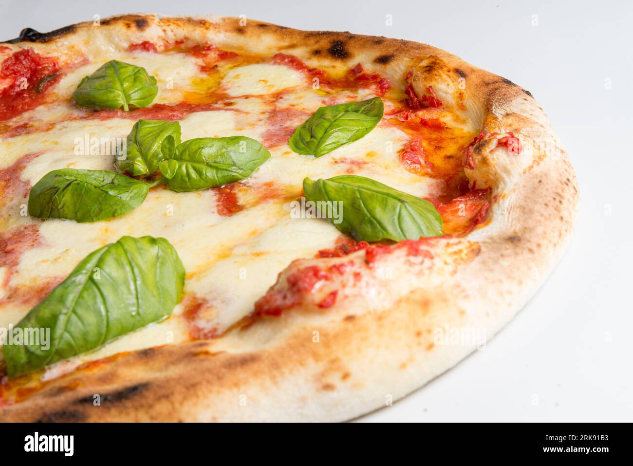 Italian style margherita pizza, macro view with white background Stock