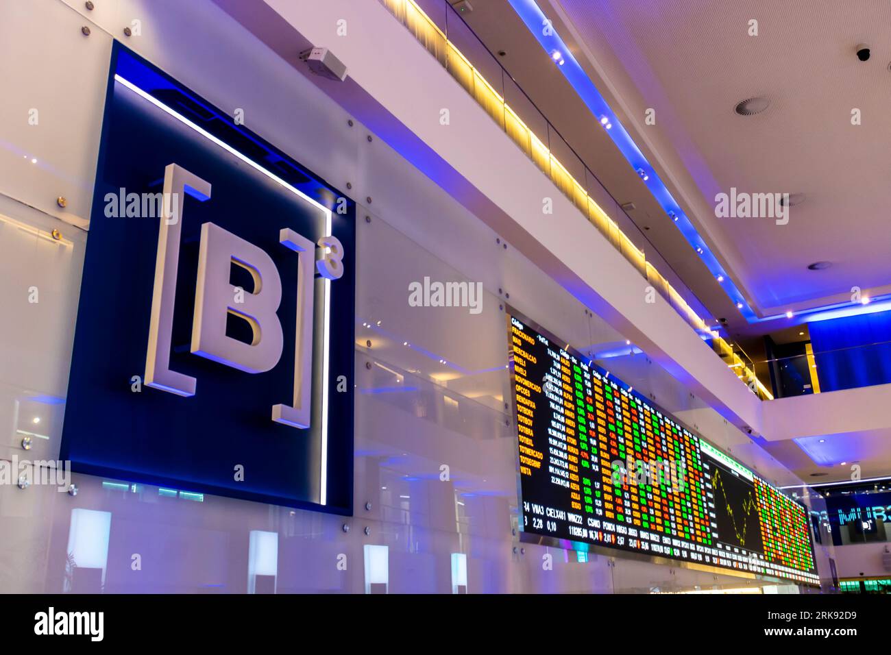 Sao Paulo, Brazil, November 22, 2022. Display with stock quotes in the modern visitor center of B3, Brasil, Bolsa, Balcao, in the headquarters of BOVESPA, Sao Paulo Stock Exchange, in downtown city Stock Photo