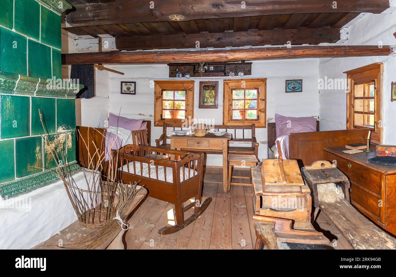 traditional historical living room interior in log cabin at Museum of