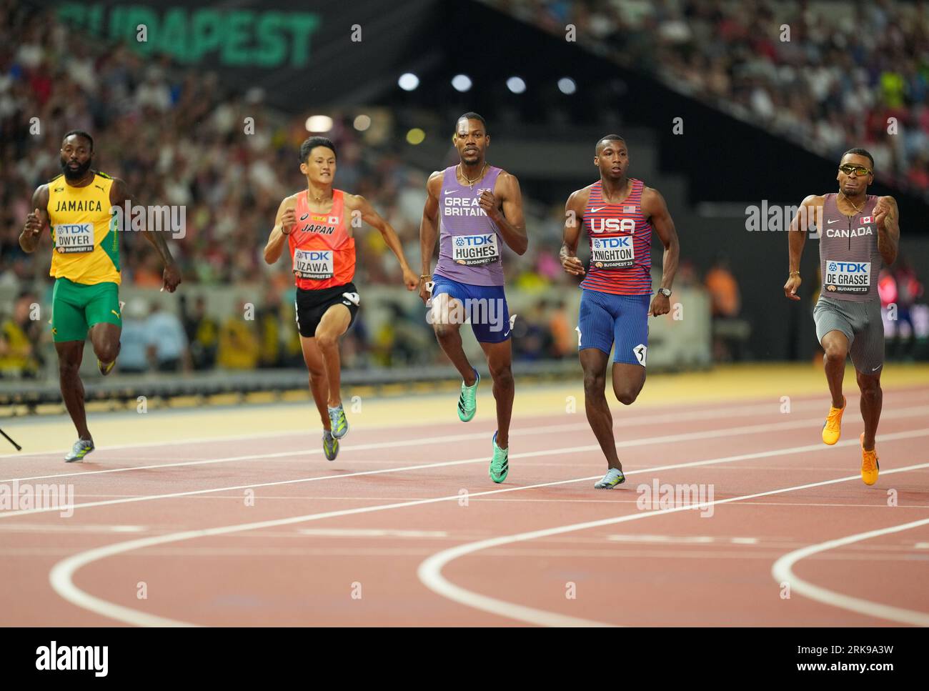 Great Britain’s Zharnel Hughes (centre) competes in the Men’s 200m Semi