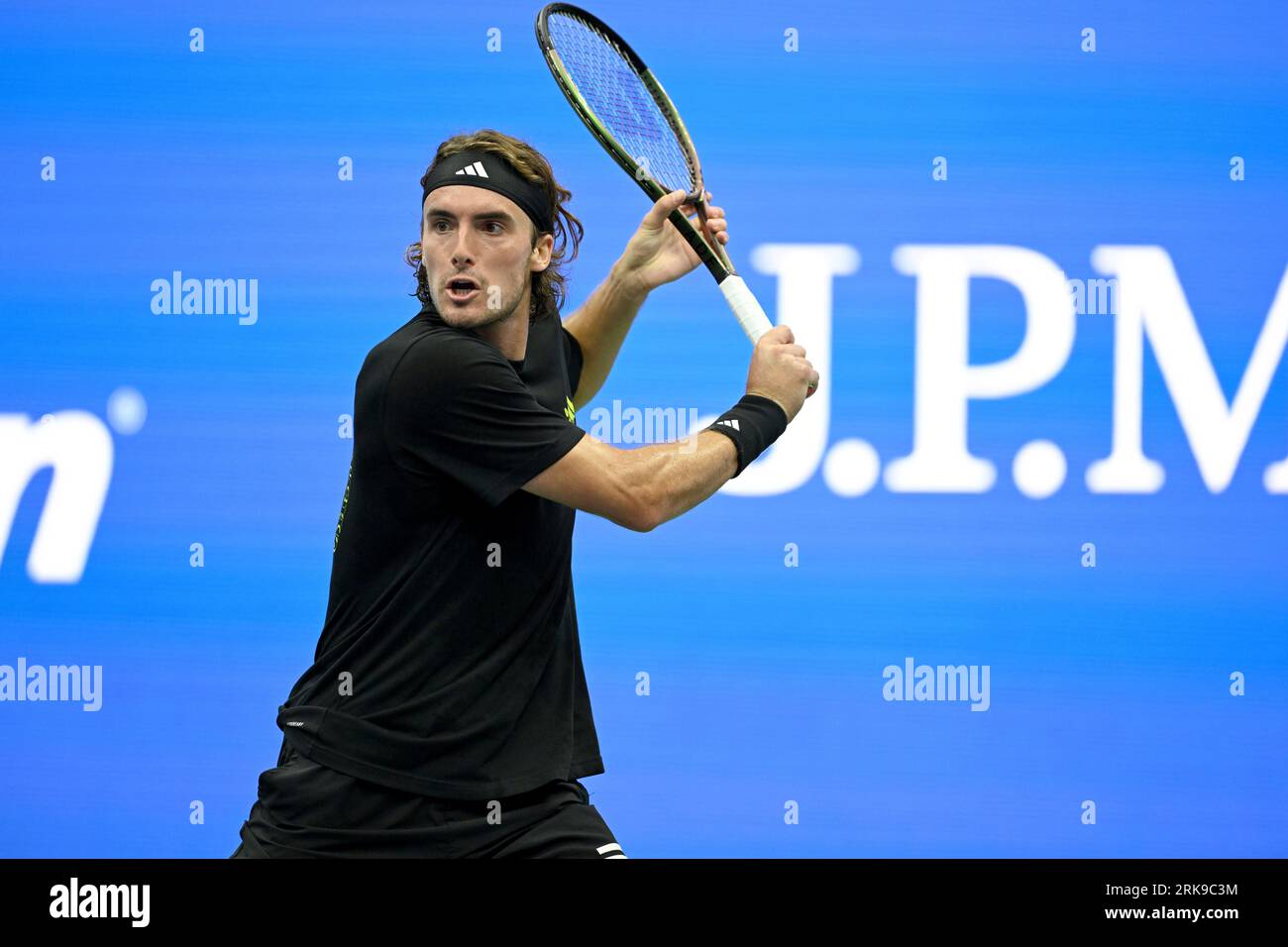 Stefanos Tsitsipas in action during practice at the 2023 US Open, Thursday, Aug