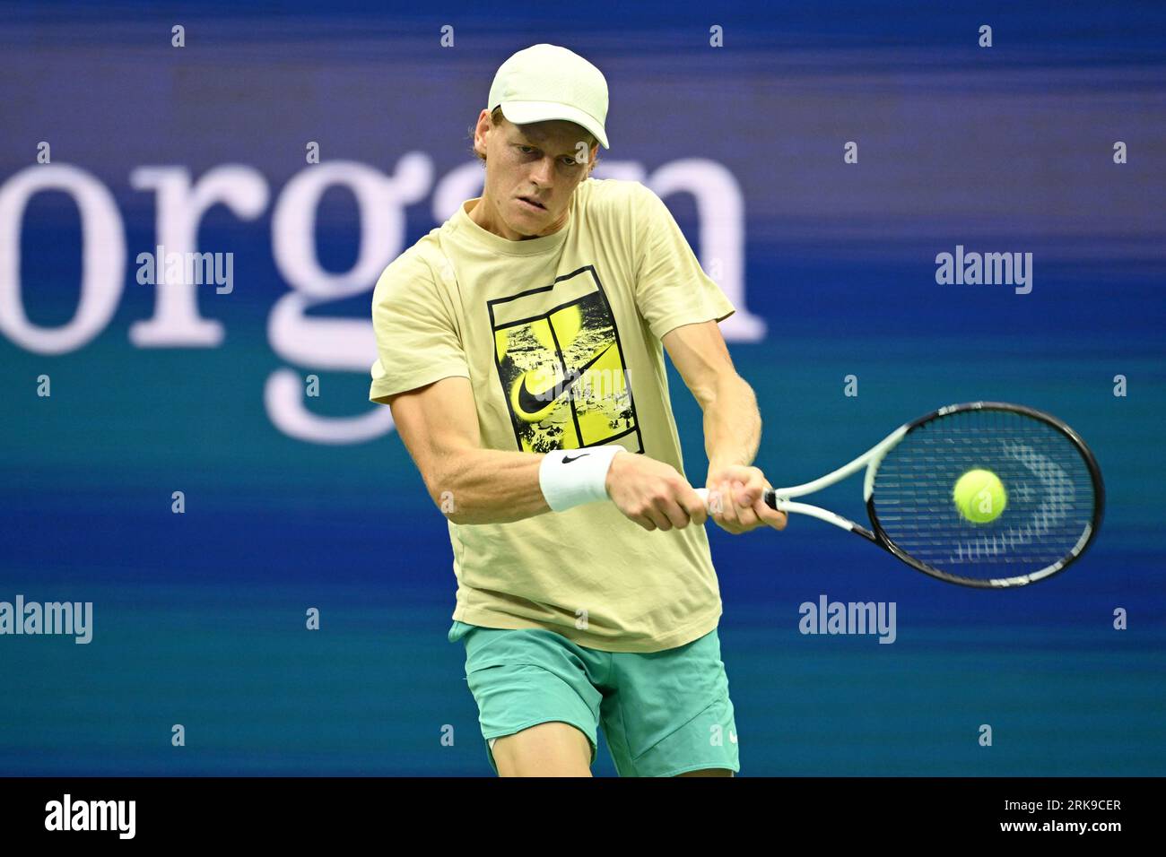 Jannik Sinner in action during practice at the 2023 US Open, Thursday, Aug