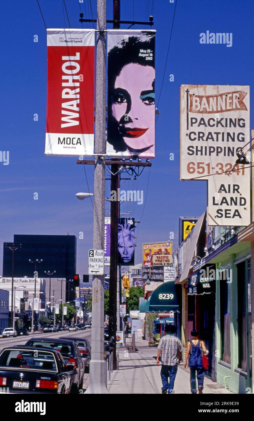 Banners promoting art exhibition of Andy Warhol at the MOCA museum in Los Angeles, CA Stock Photo