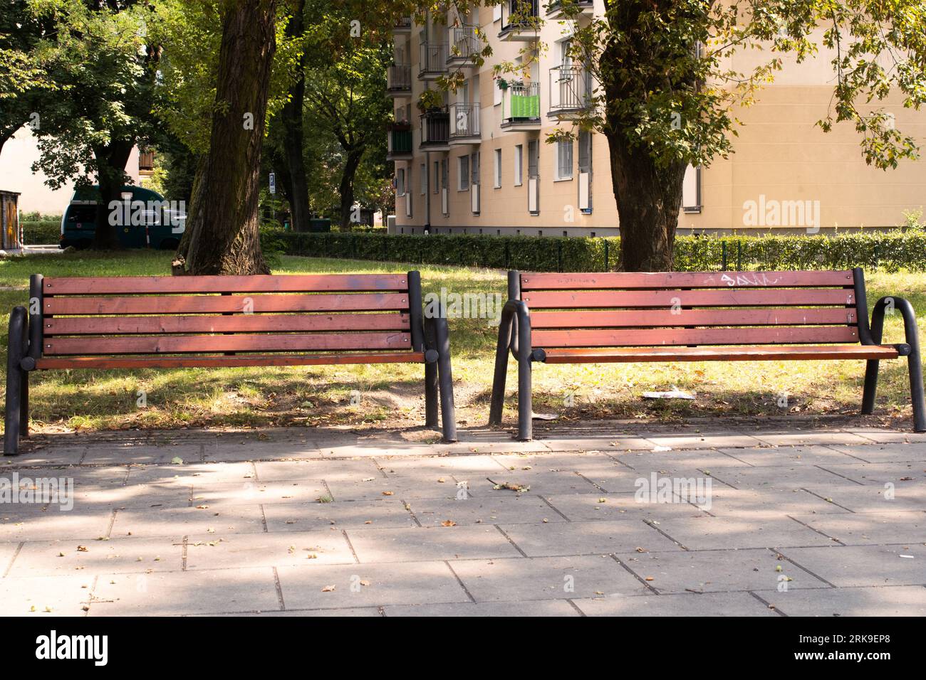 Wooden bench in the city park on a sunny summer day. Stock Photo