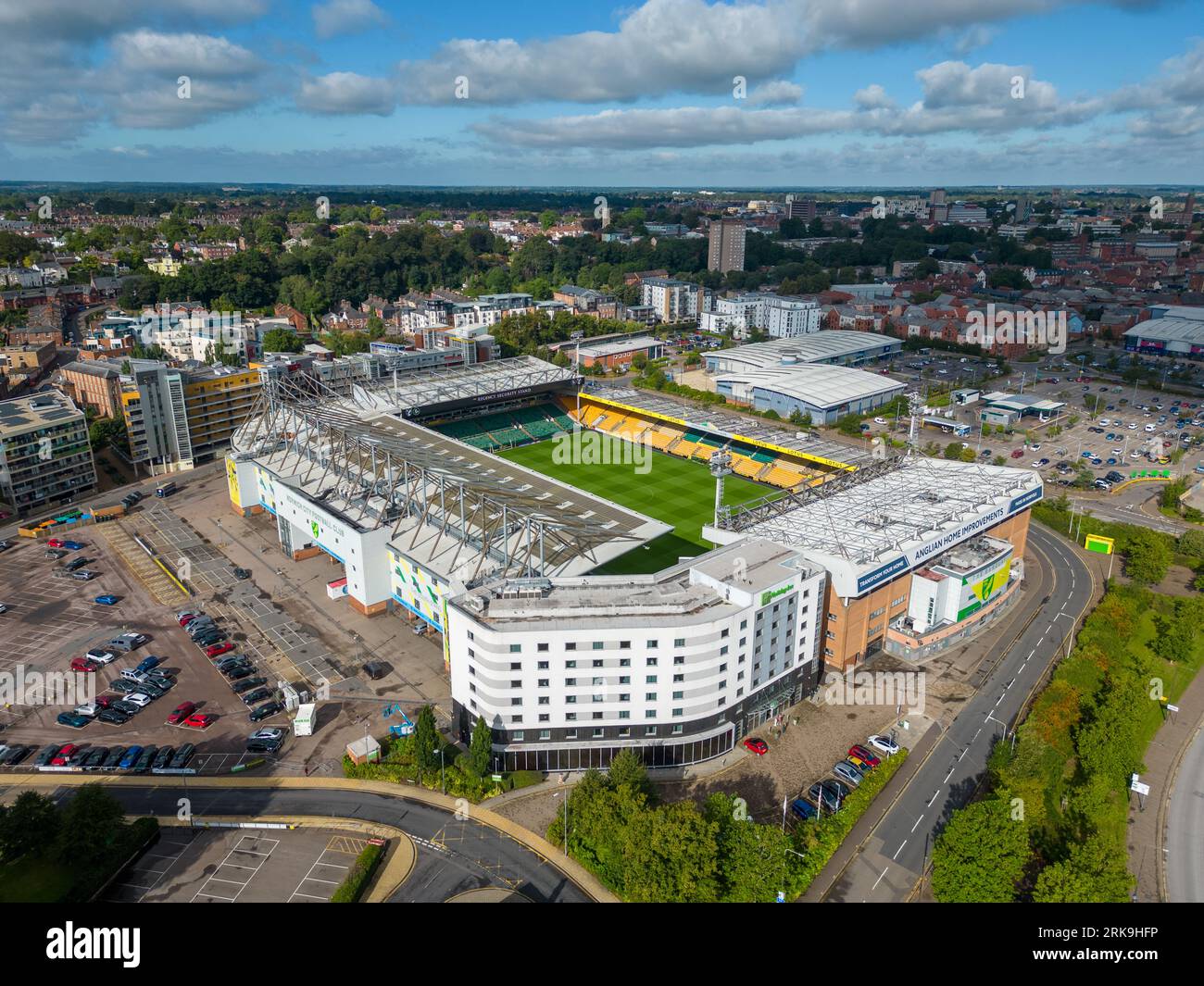 Norwich city football club ground in Norwich city centre. Aerial view of the Canaries home ground. Stock Photo