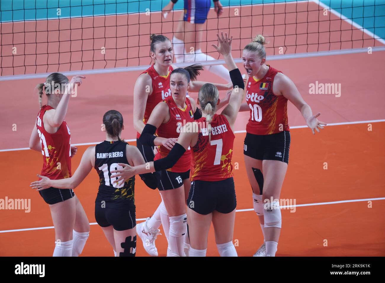 Gent, Belgium. 24th Aug, 2023. Belgium's players celebrate during a  volleyball game between Serbia and Belgian national women volleyball team  Yellow Tigers, Thursday 24 August 2023 in Gent, the fifth and last