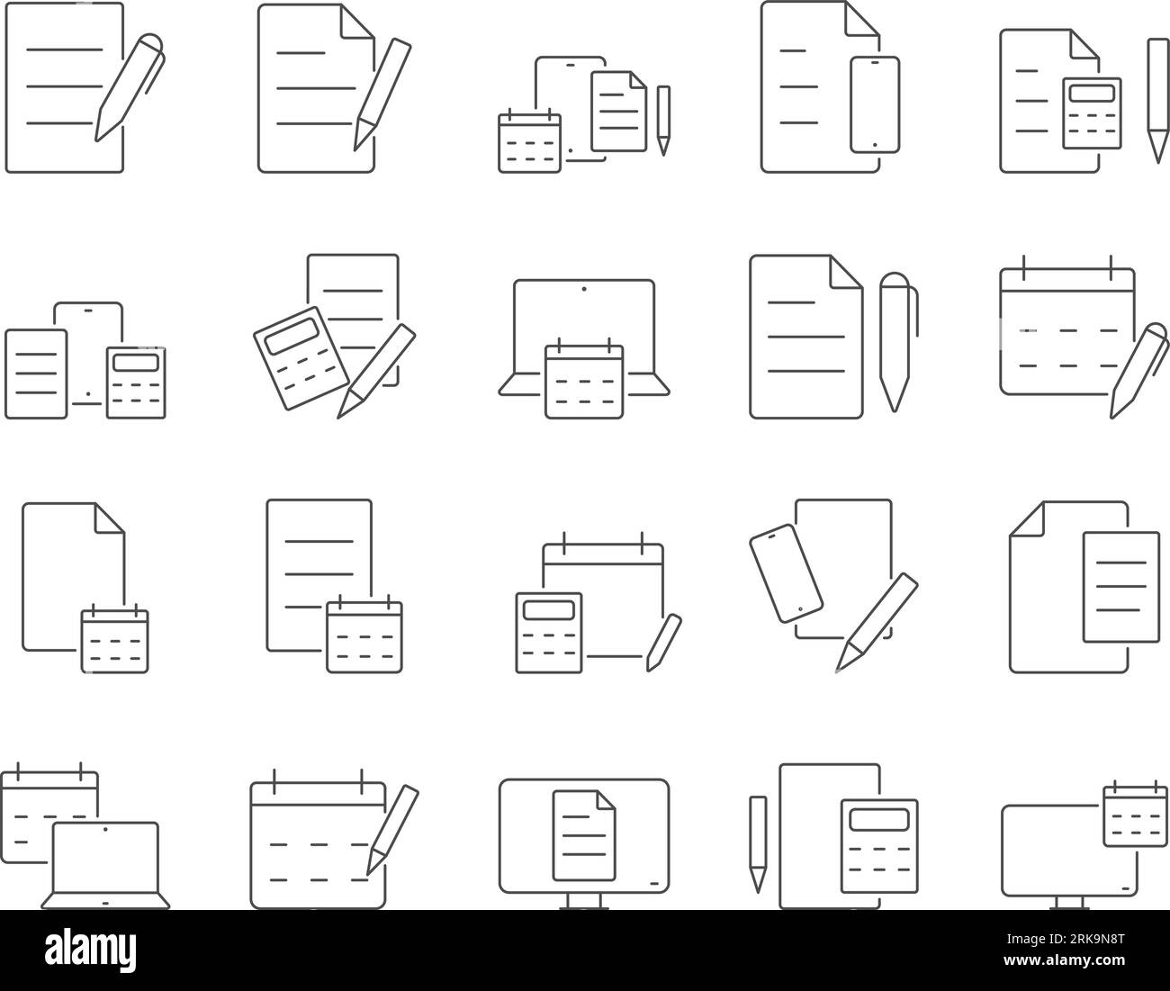 Office and Workspace Icons Set. Office Supplies, Calendar, Calculator